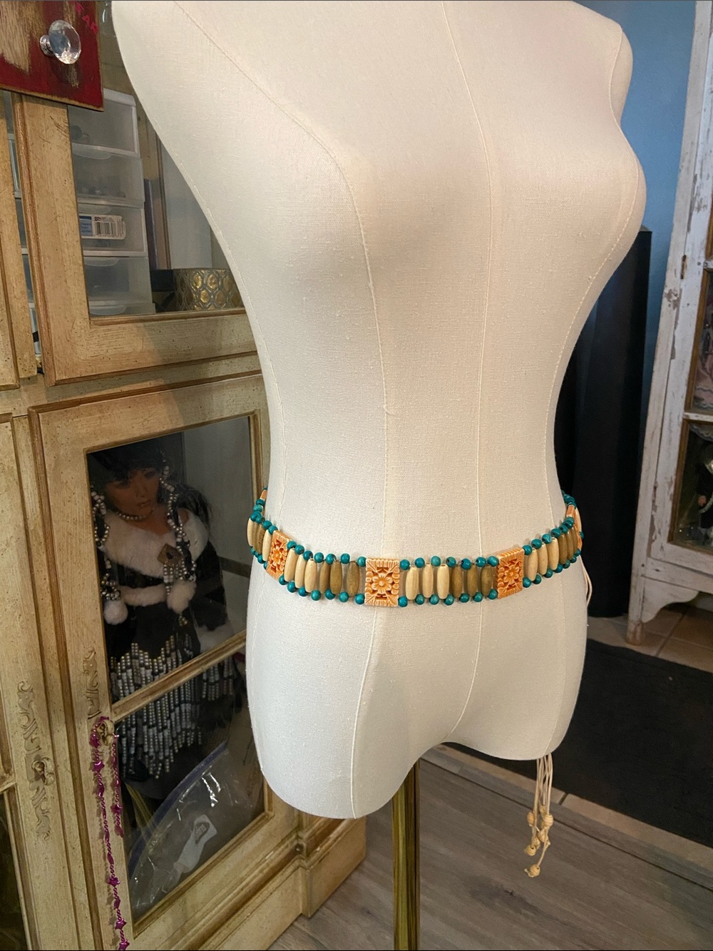 Turquoise Beaded Waist Belt with Carved Accents
